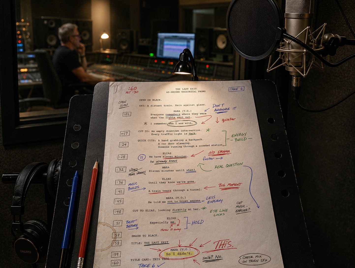 A promo script covered in handwritten direction notes on a stand, with Jeff Howell at the console behind the glass