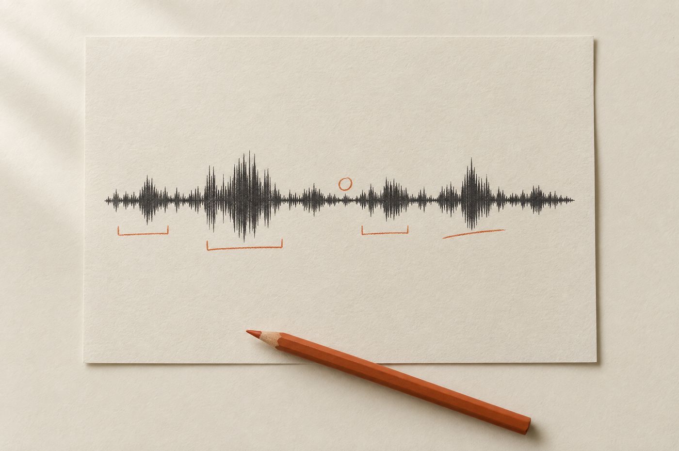 A printed audio waveform on cream paper marked with burnt-orange pencil brackets, a circle and an underline, the pencil resting at the edge