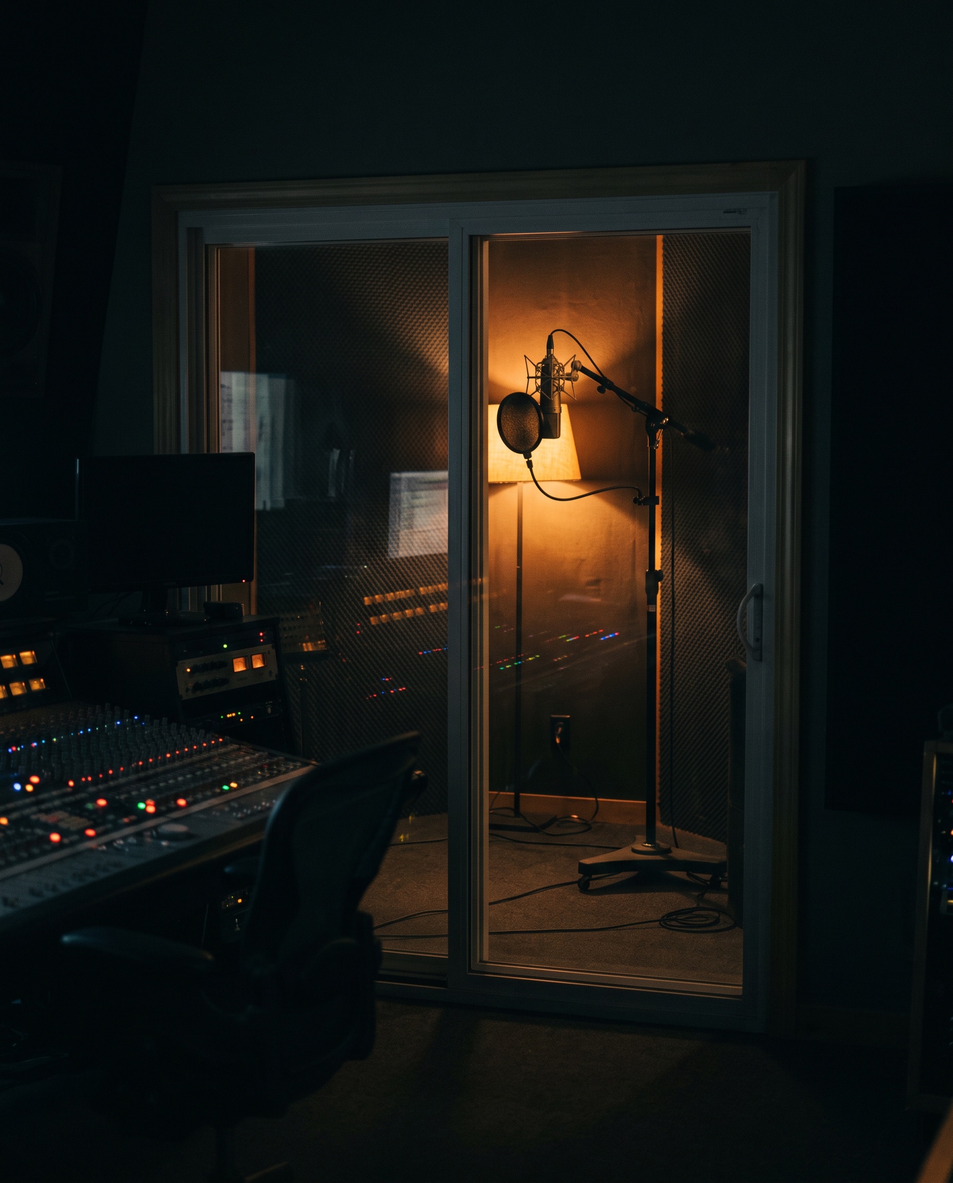 A vocal booth glowing in warm light, seen from the control room