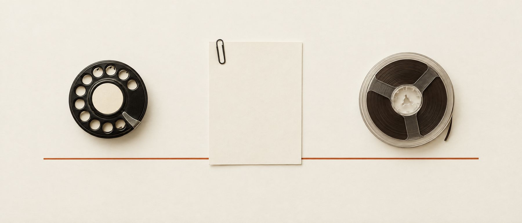 A rotary telephone dial, a blank sheet of paper with a paperclip, and a reel of tape in a row, joined by a thin burnt-orange line