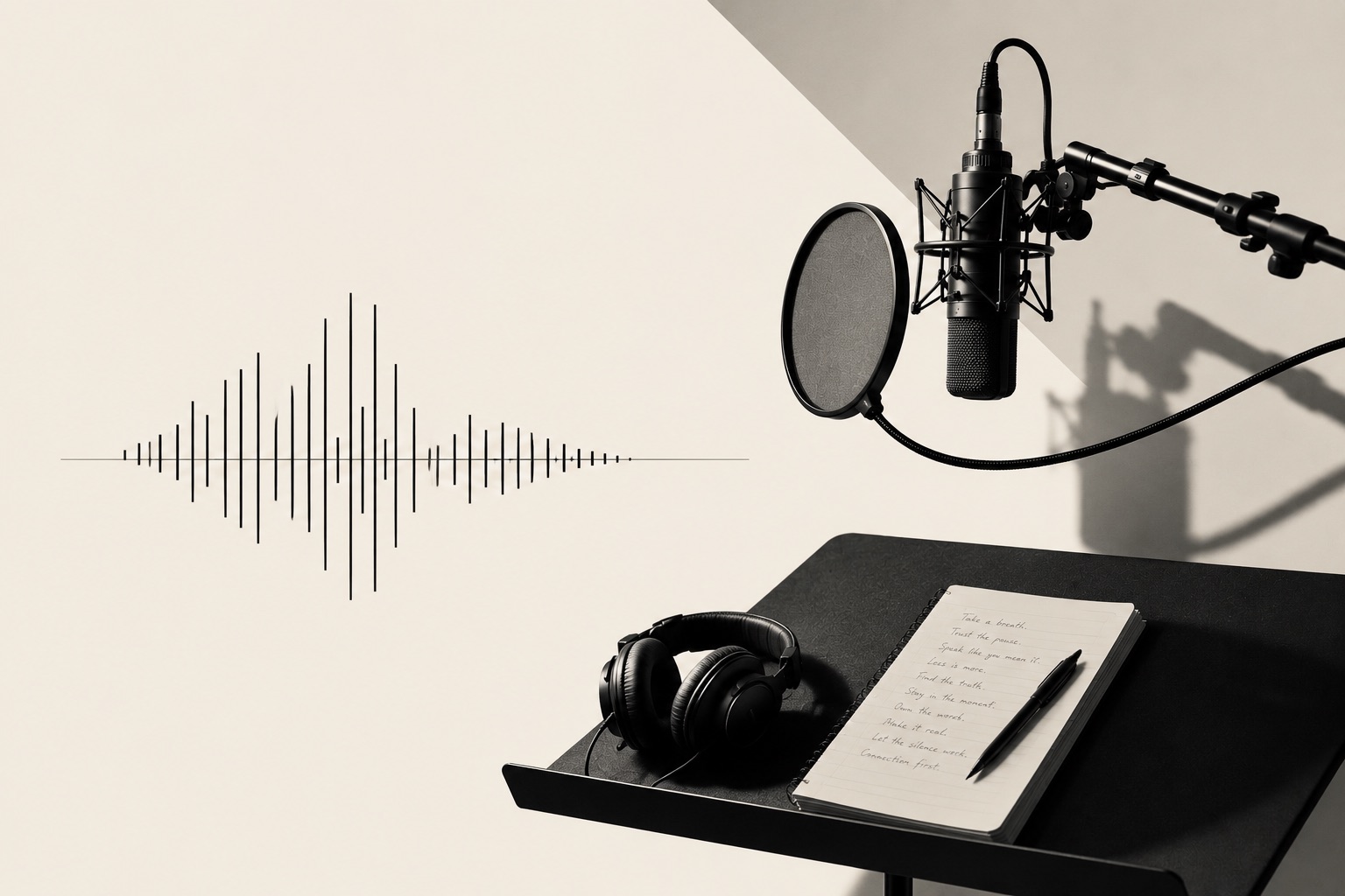A microphone, headphones, and a script of handwritten direction notes on a music stand
