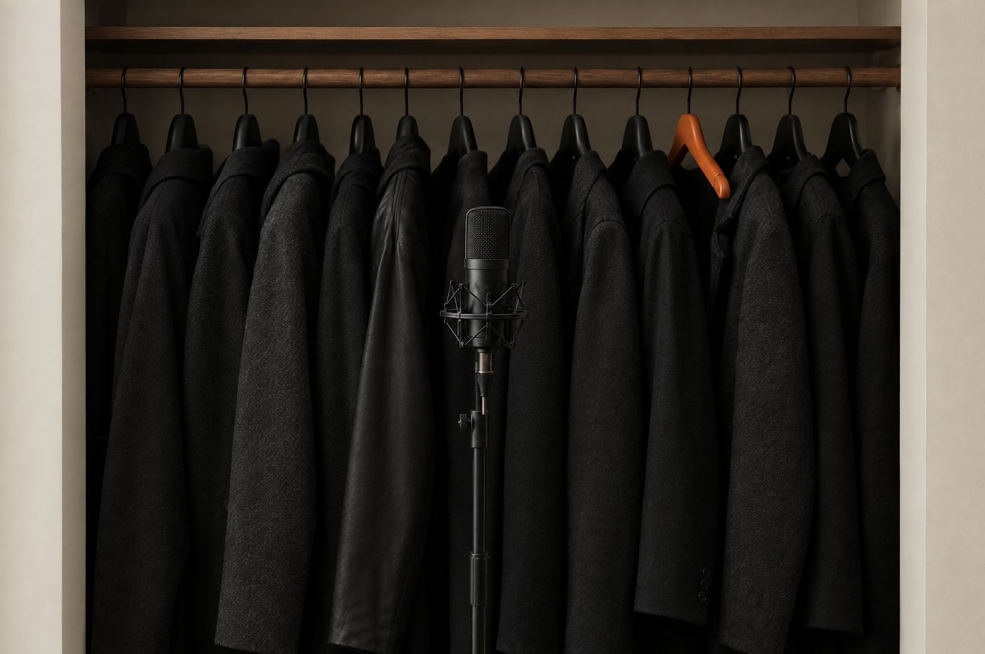 A closet turned recording booth: a rail of dark coats, a small microphone on a stand in front, one burnt-orange hanger