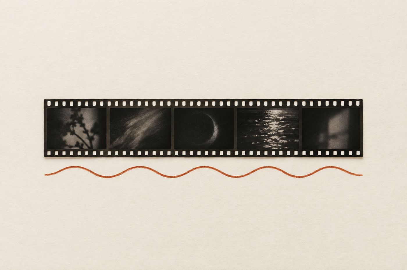 A strip of 35mm film on cream paper with a hand-drawn burnt-orange wave running beneath it like a rhythm band