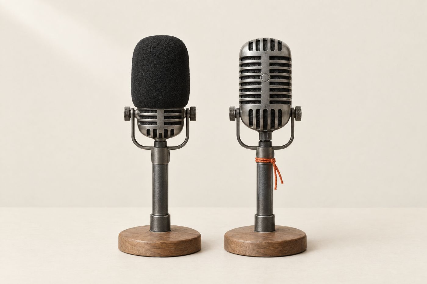 Two identical vintage broadcast microphones side by side, one wearing a foam windscreen, a burnt-orange thread tied around the bare one