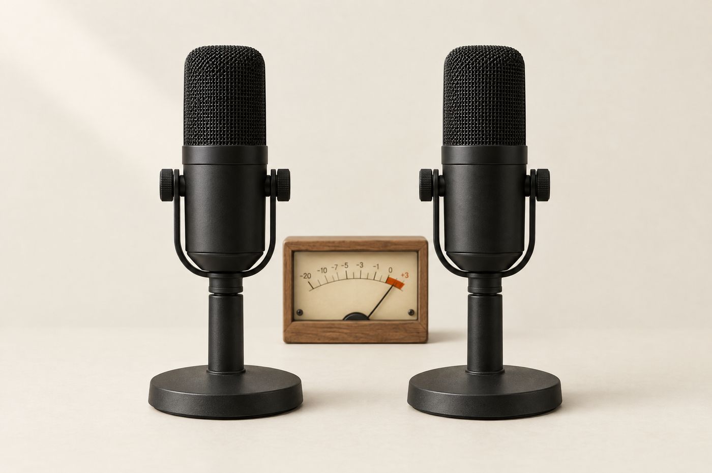 Two identical black studio microphones side by side with a small VU meter behind them, its needle resting in the orange zone