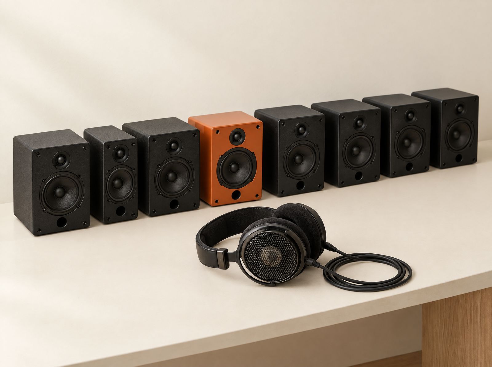 A row of eight small black studio speakers on a cream shelf, one lacquered burnt orange, with a pair of headphones resting in front